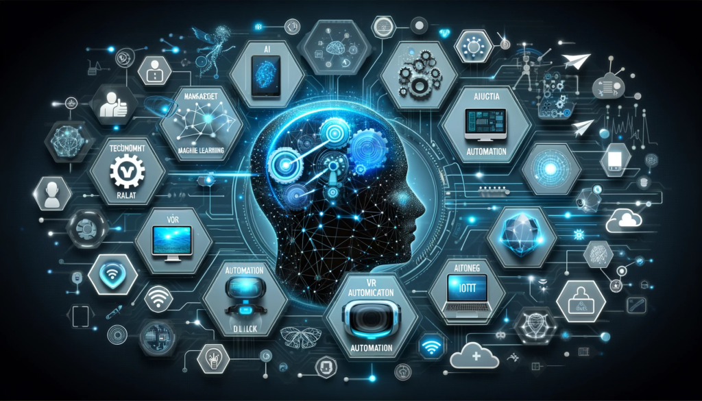 A futuristic graphic showcasing the integration of advanced technologies in marketing, such as AI, machine learning, automation, VR, and IoT